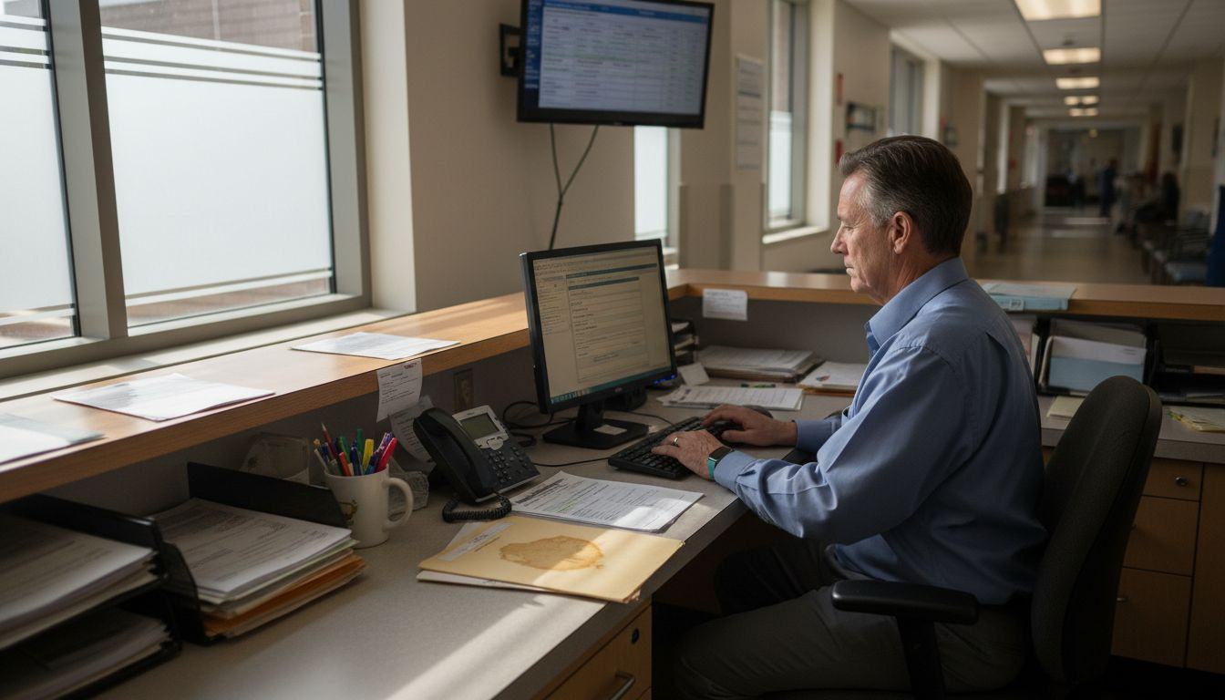 Admissions staff using healthcare software at desk