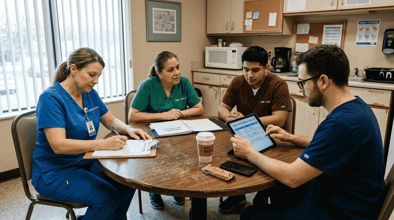 Nursing home staff collaborate in staff lounge