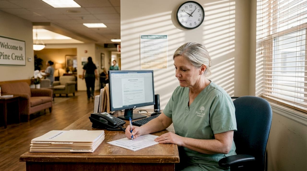 Admissions coordinator reviewing nursing intake forms