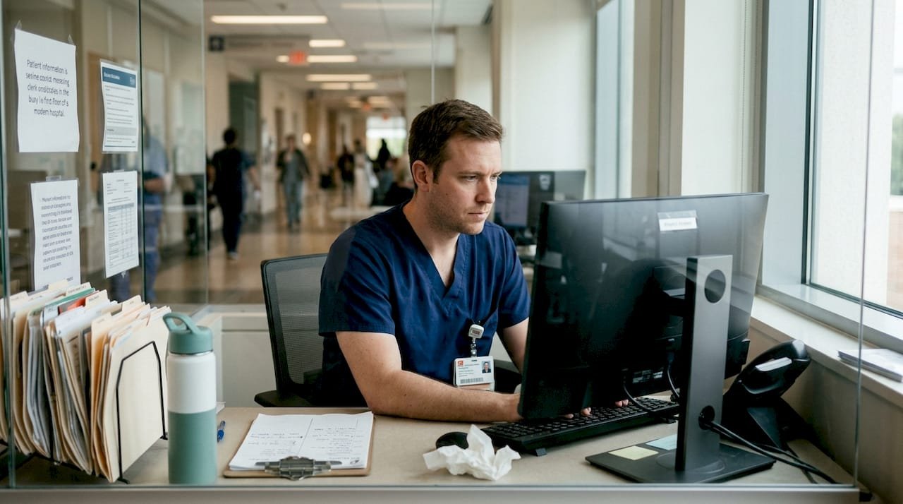 Admissions clerk reviewing patient data in hospital