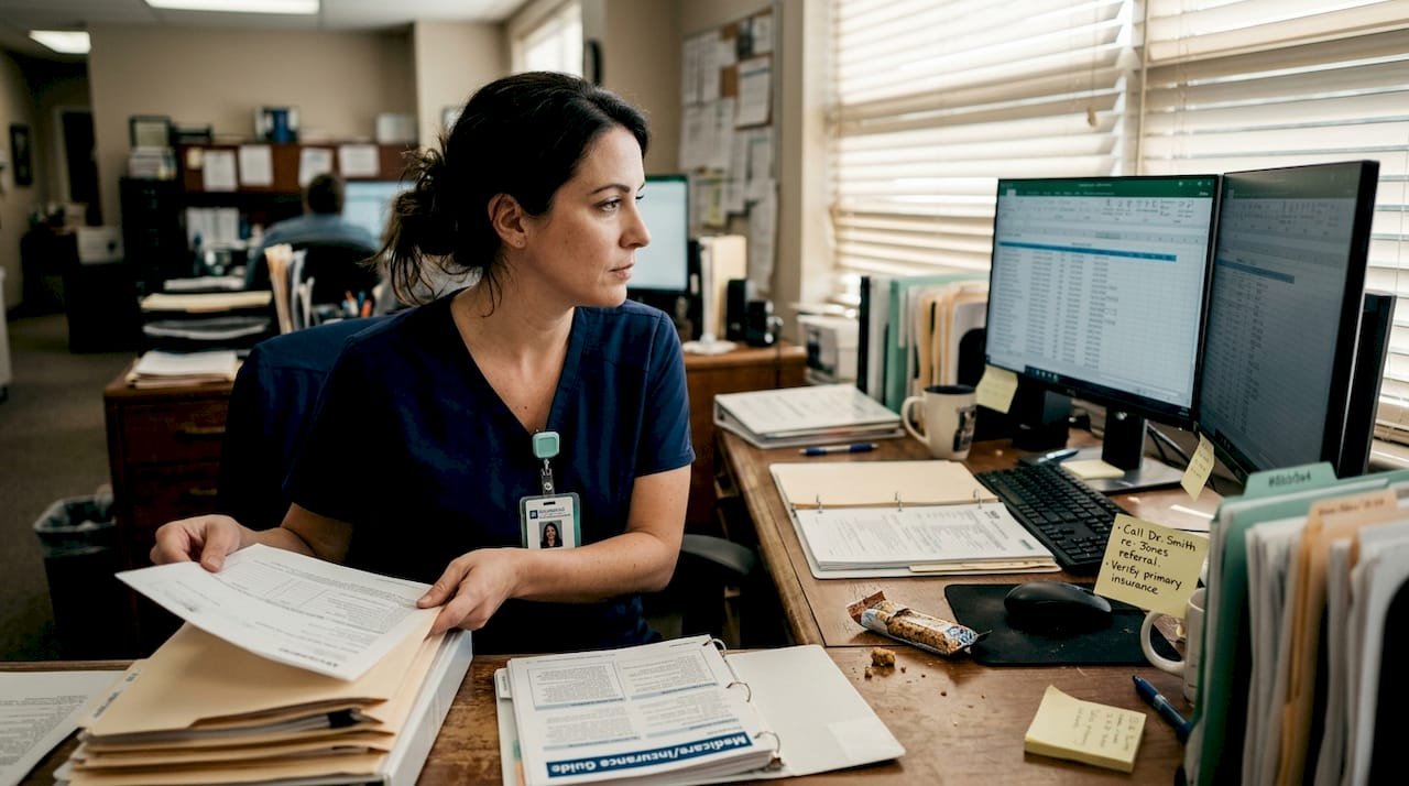 Admissions coordinator reviewing patient referral packets