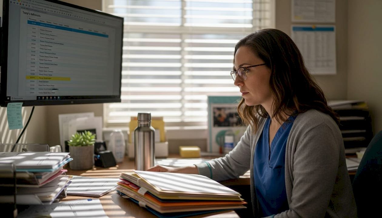 Physician reviews referrals at cluttered clinical desk