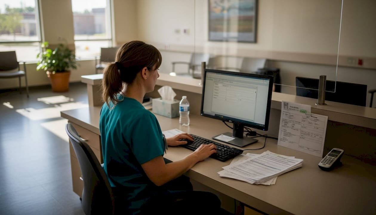 Hospital admissions clerk entering patient data