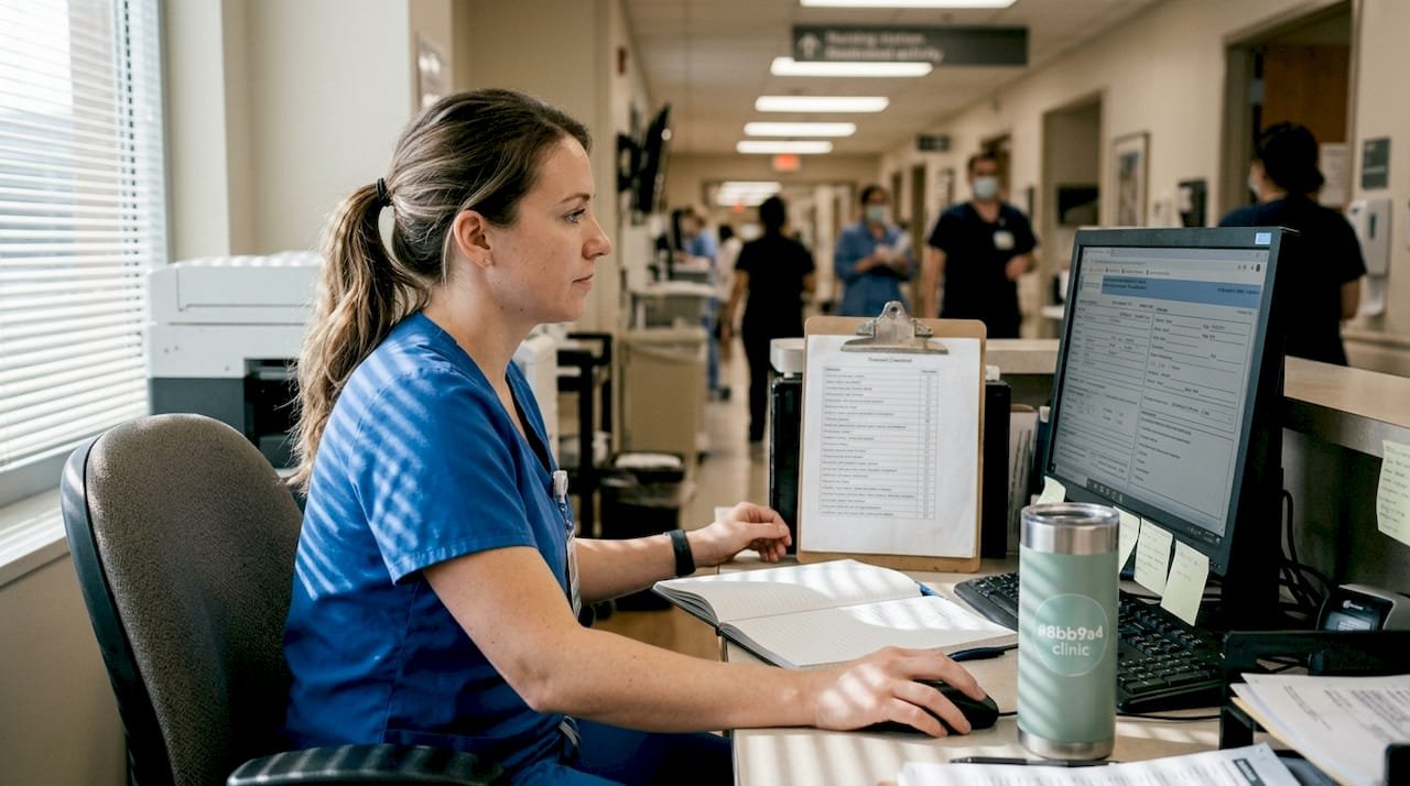 Nurse updating intake forms at busy station