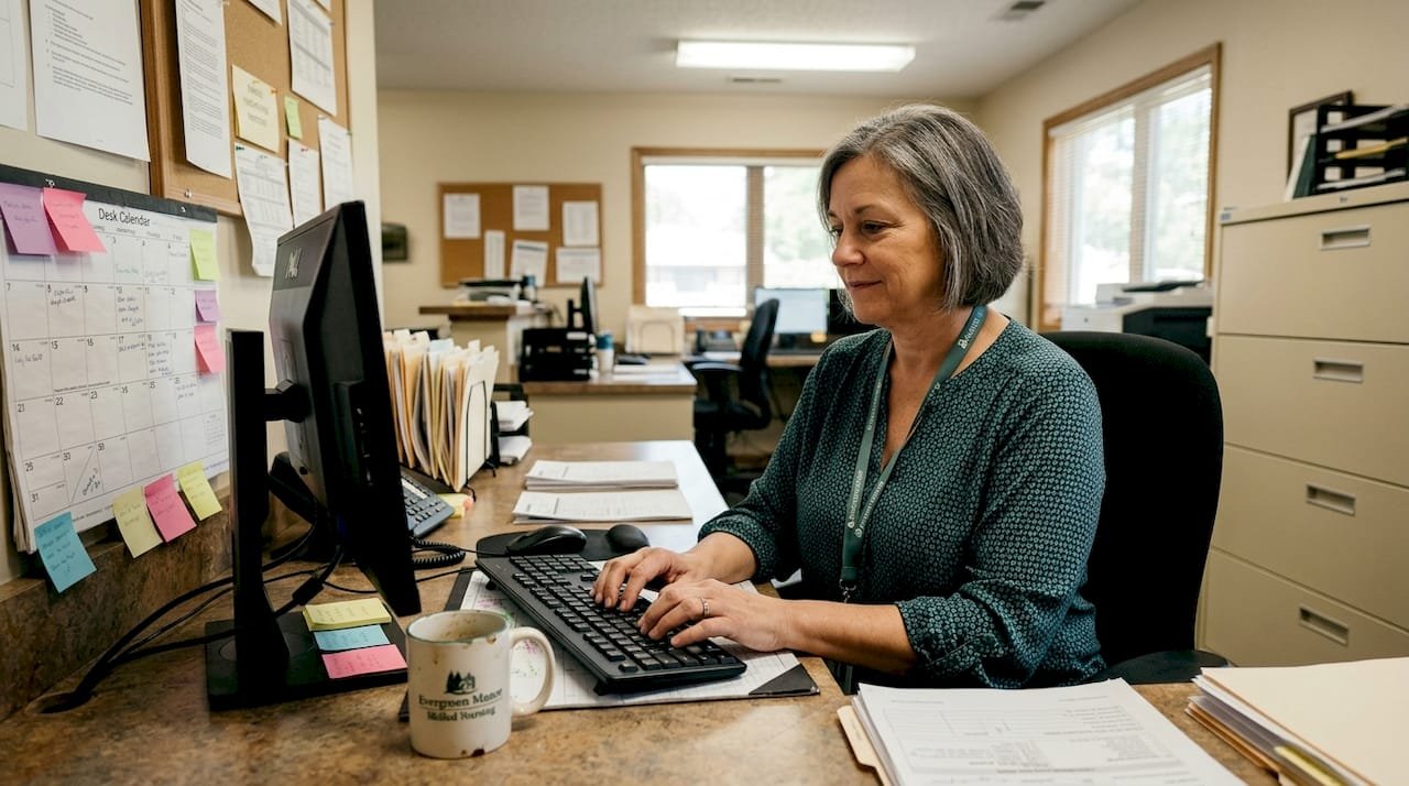 Administrator logging patient intake in office