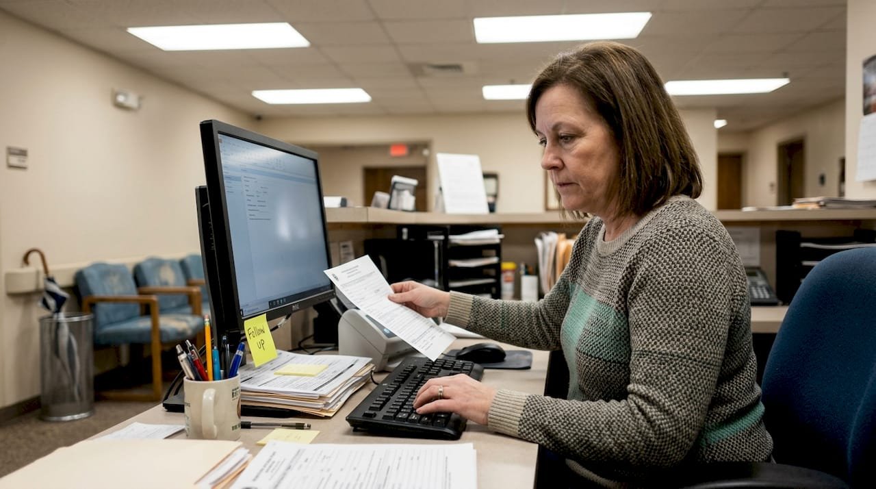 Admissions coordinator processing patient intake paperwork
