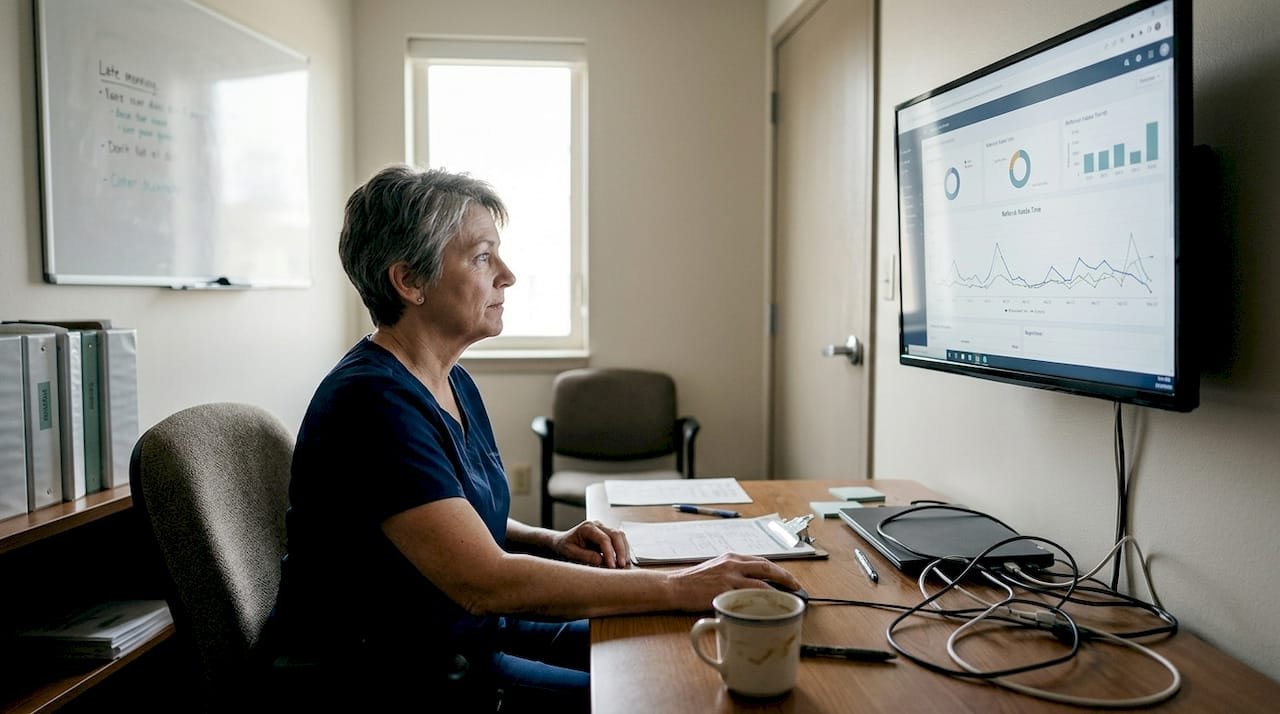Nurse manager reviewing analytics dashboard in office
