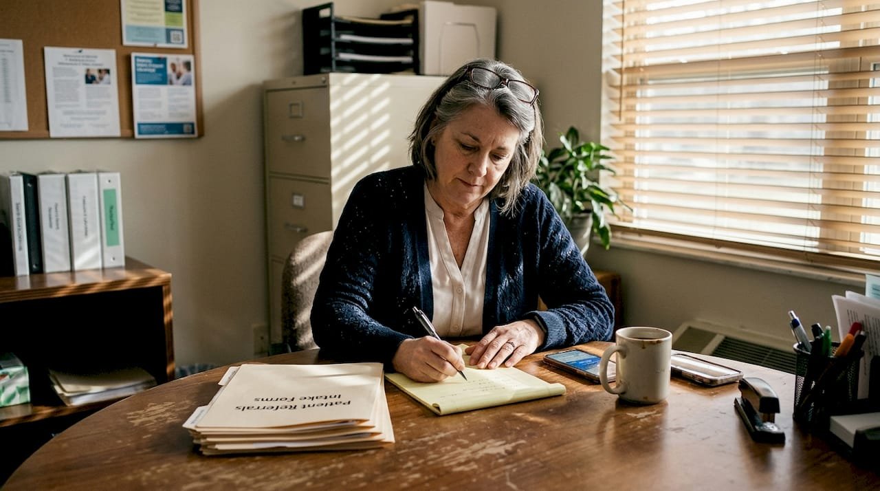 Admissions coordinator reviewing referral paperwork