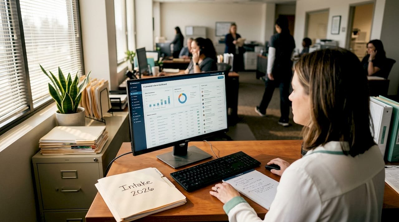 Coordinator reviewing AI dashboard in office