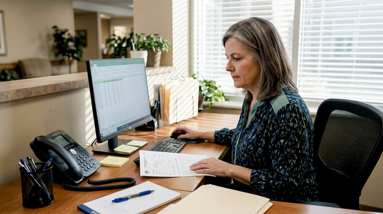 Admissions coordinator reviewing patient referral forms