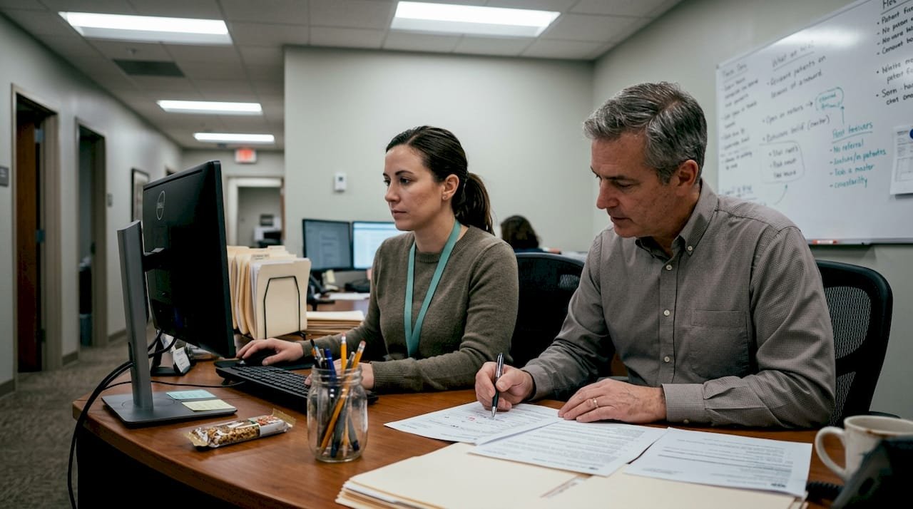 Admissions team reviewing referral files in office
