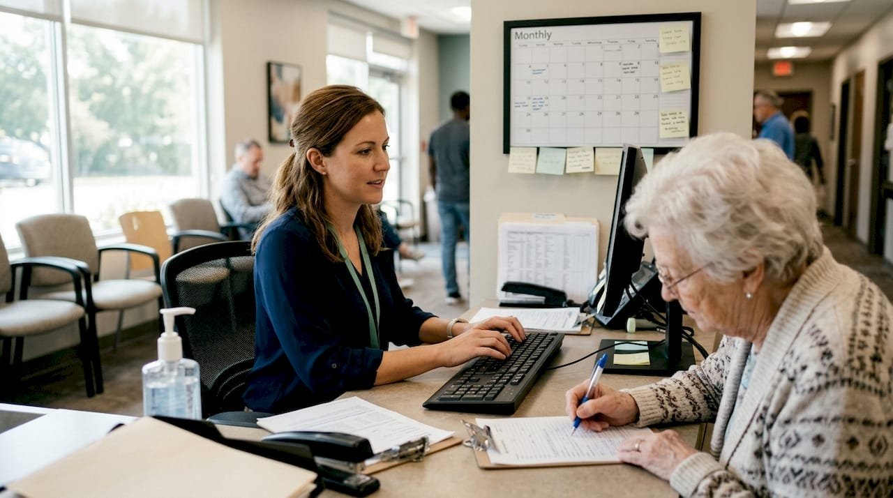 Clinic receptionist helps patient check in