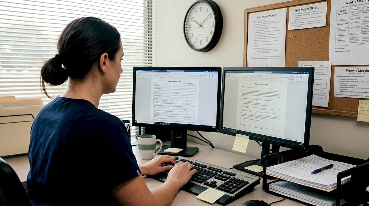 Admissions staff using digital workflow at desk