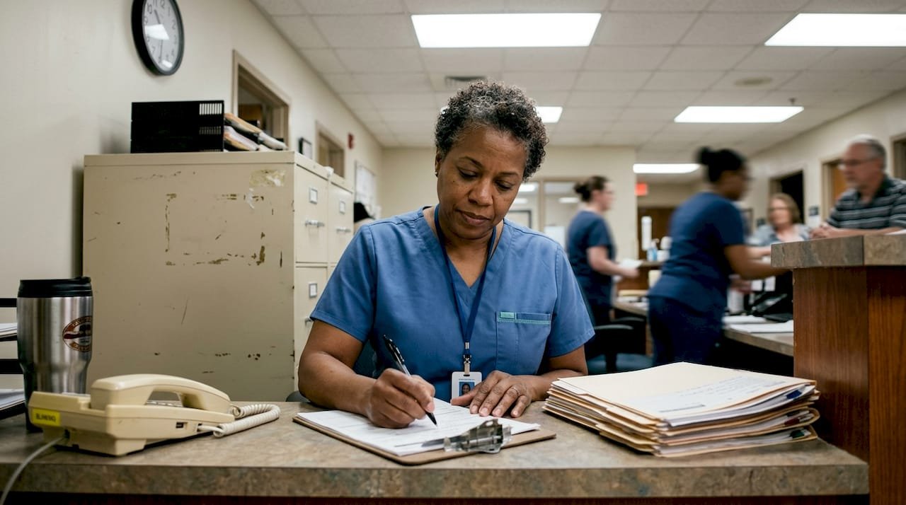 Admissions nurse completing skilled nursing intake forms