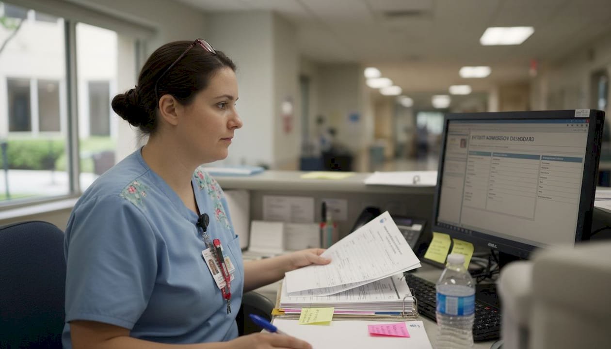 Admissions coordinator reviewing reporting workflow at desk