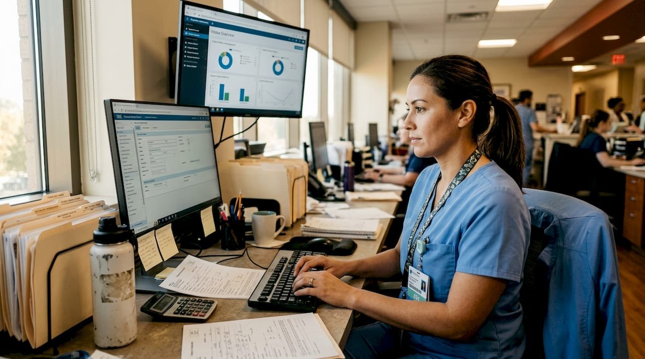 Nurse entering patient intake in EMR system