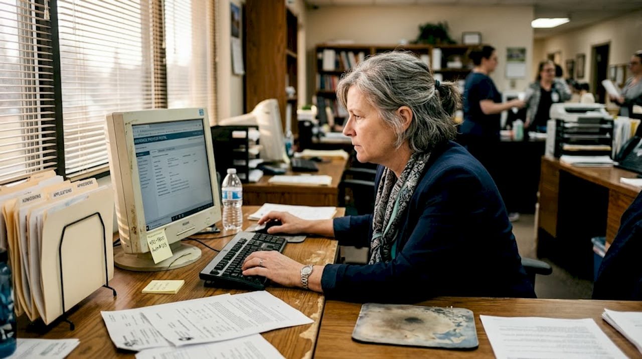 Admissions coordinator verifies eligibility on screen