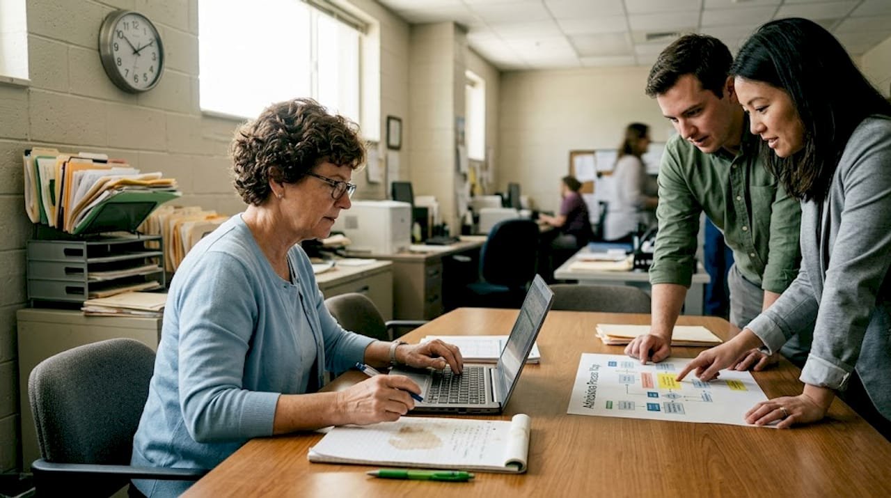 Admissions team reviewing intake workflow process