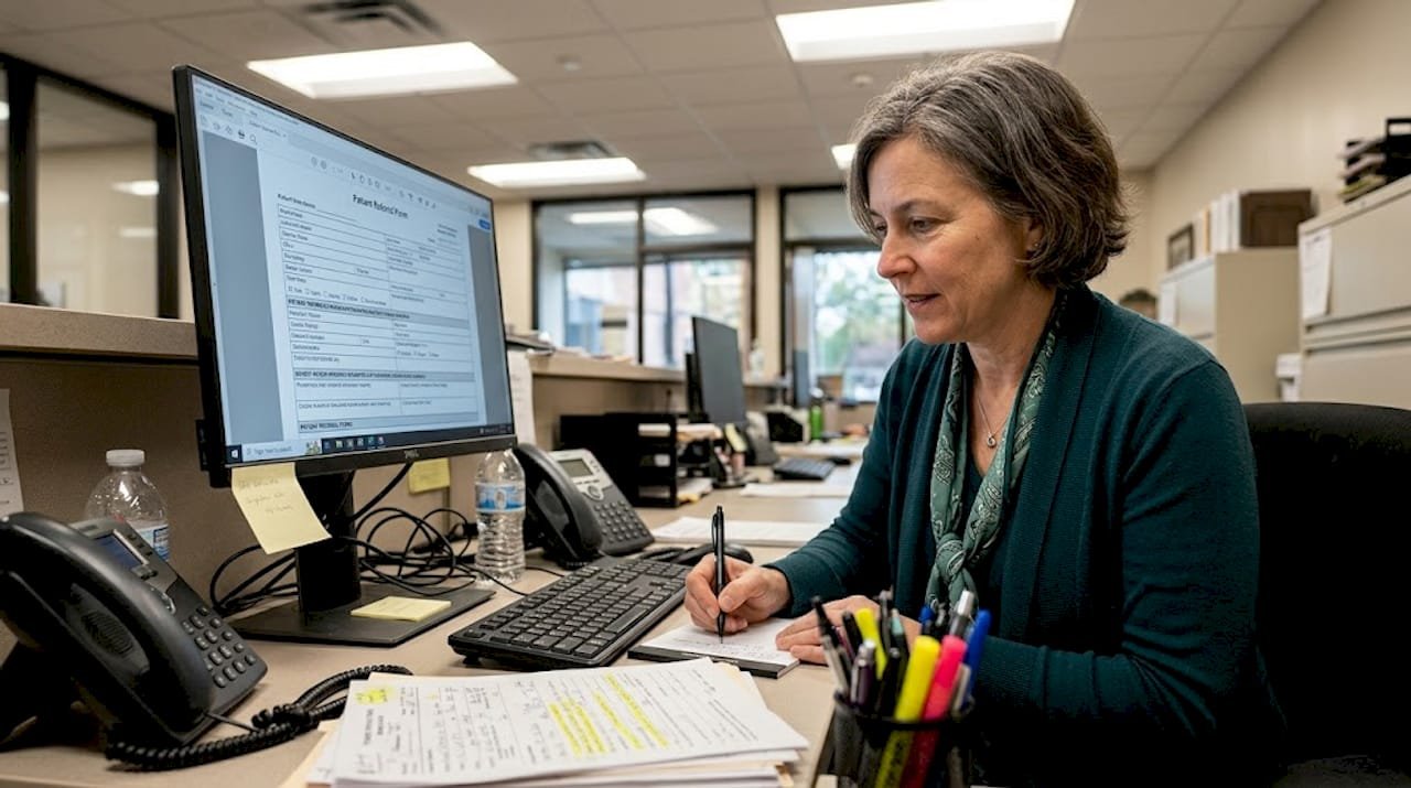Administrator reviewing referrals at intake desk