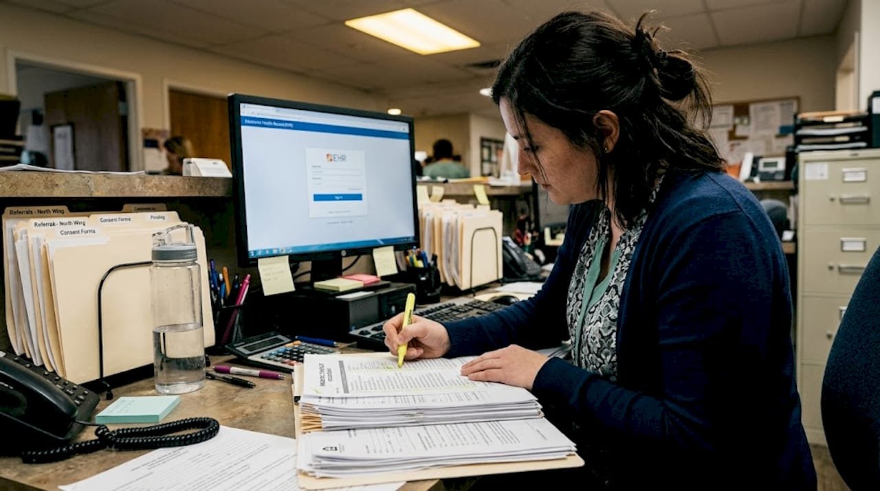 Admissions coordinator reviewing referral paperwork