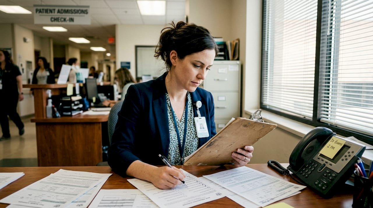 Admissions coordinator reviewing pre-admission forms