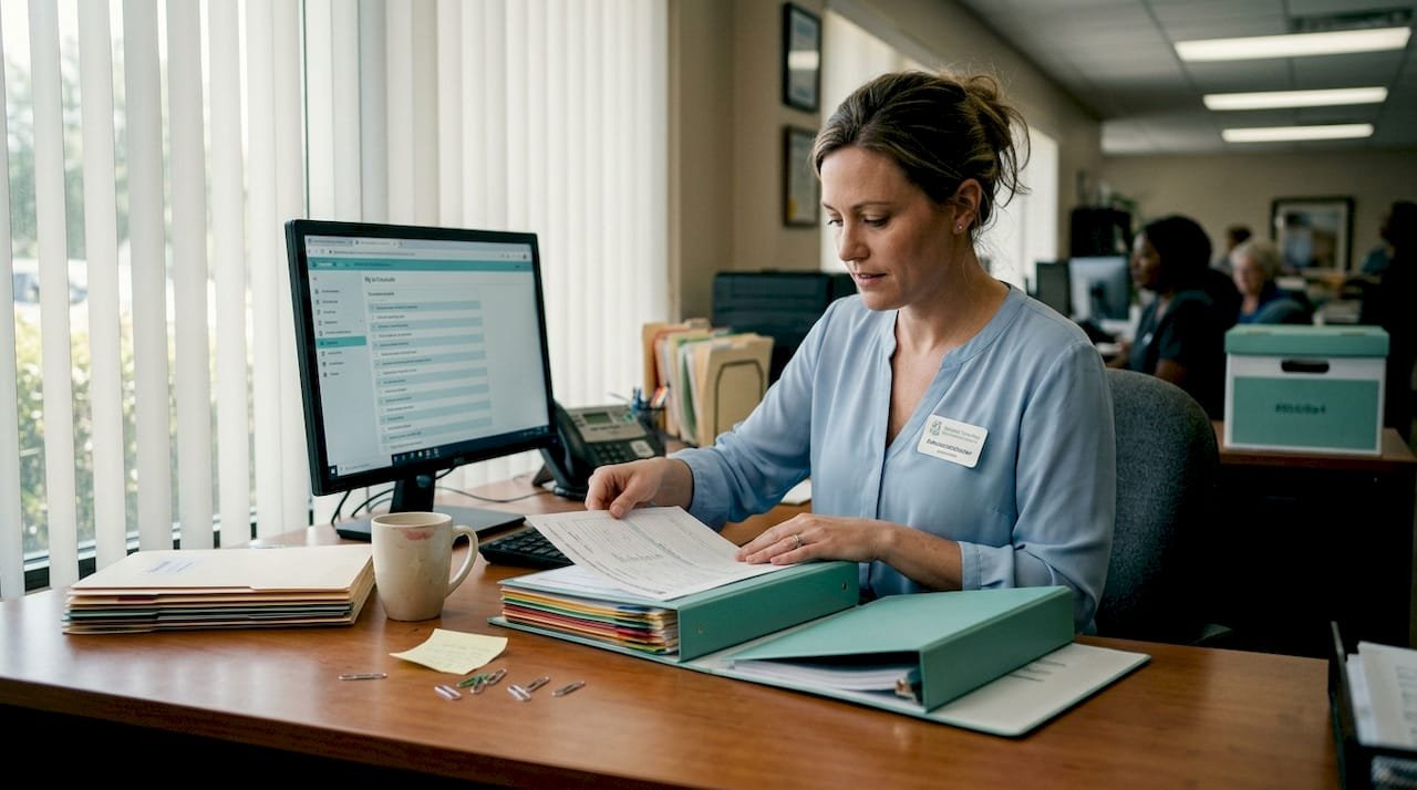 Admissions coordinator sorting patient intake forms