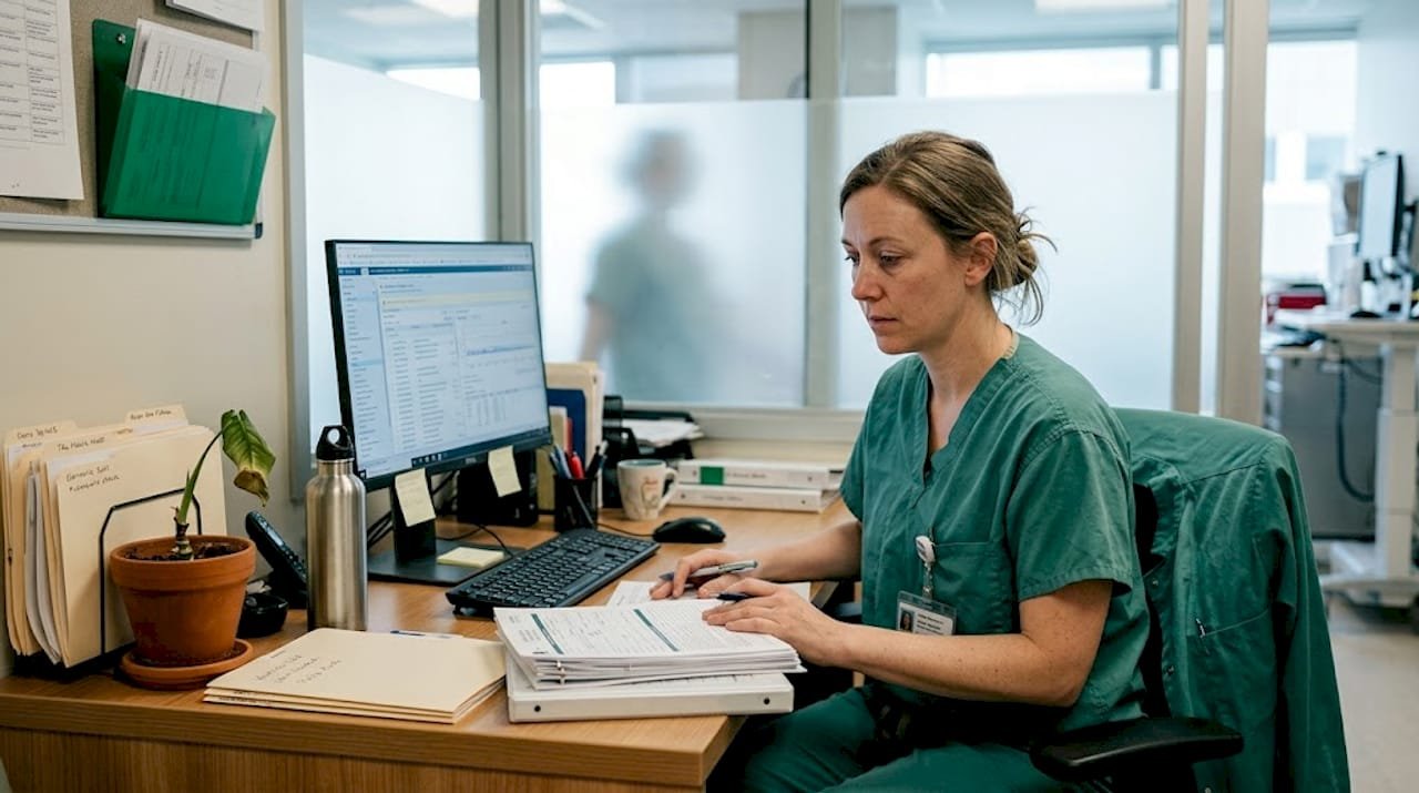 Nurse updating patient charts in staff room
