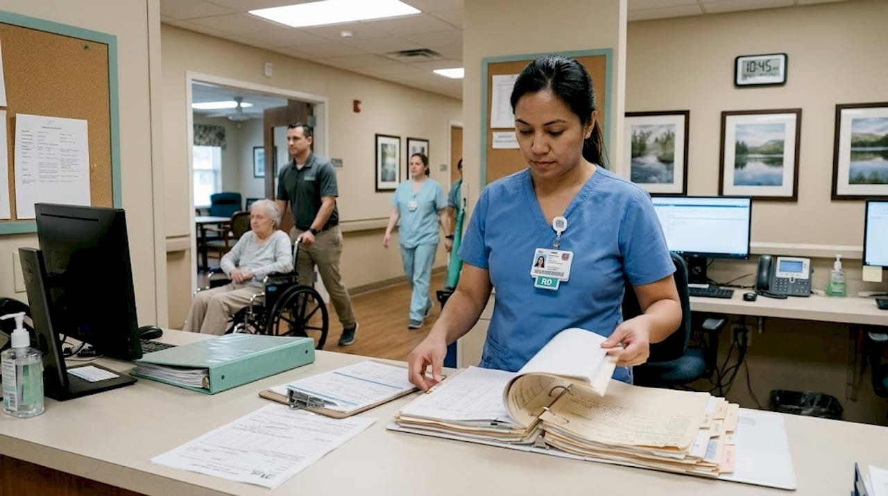 Nurse working at desk in skilled nursing facility