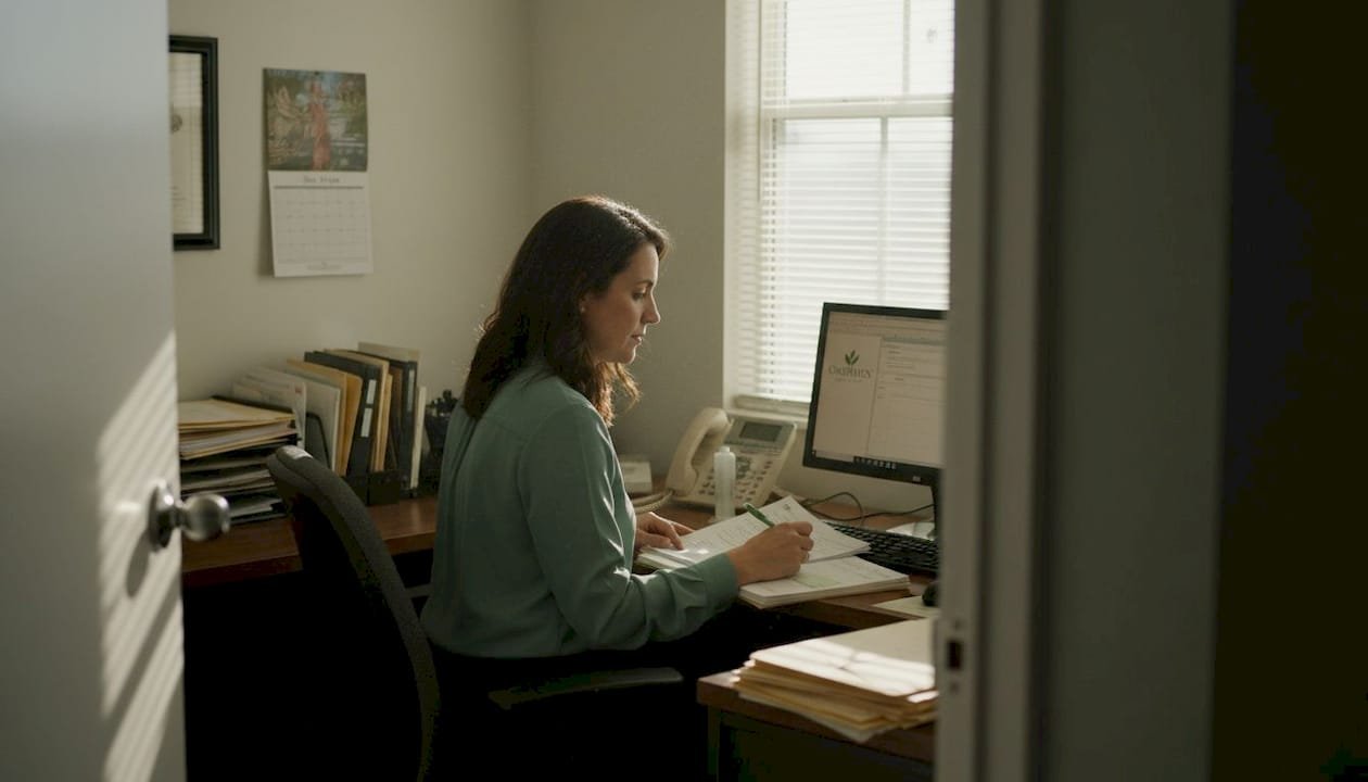 Admissions coordinator reviewing nursing facility paperwork
