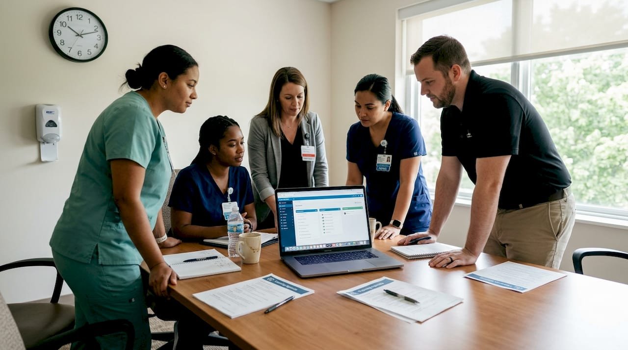 Healthcare team collaborates during onboarding meeting