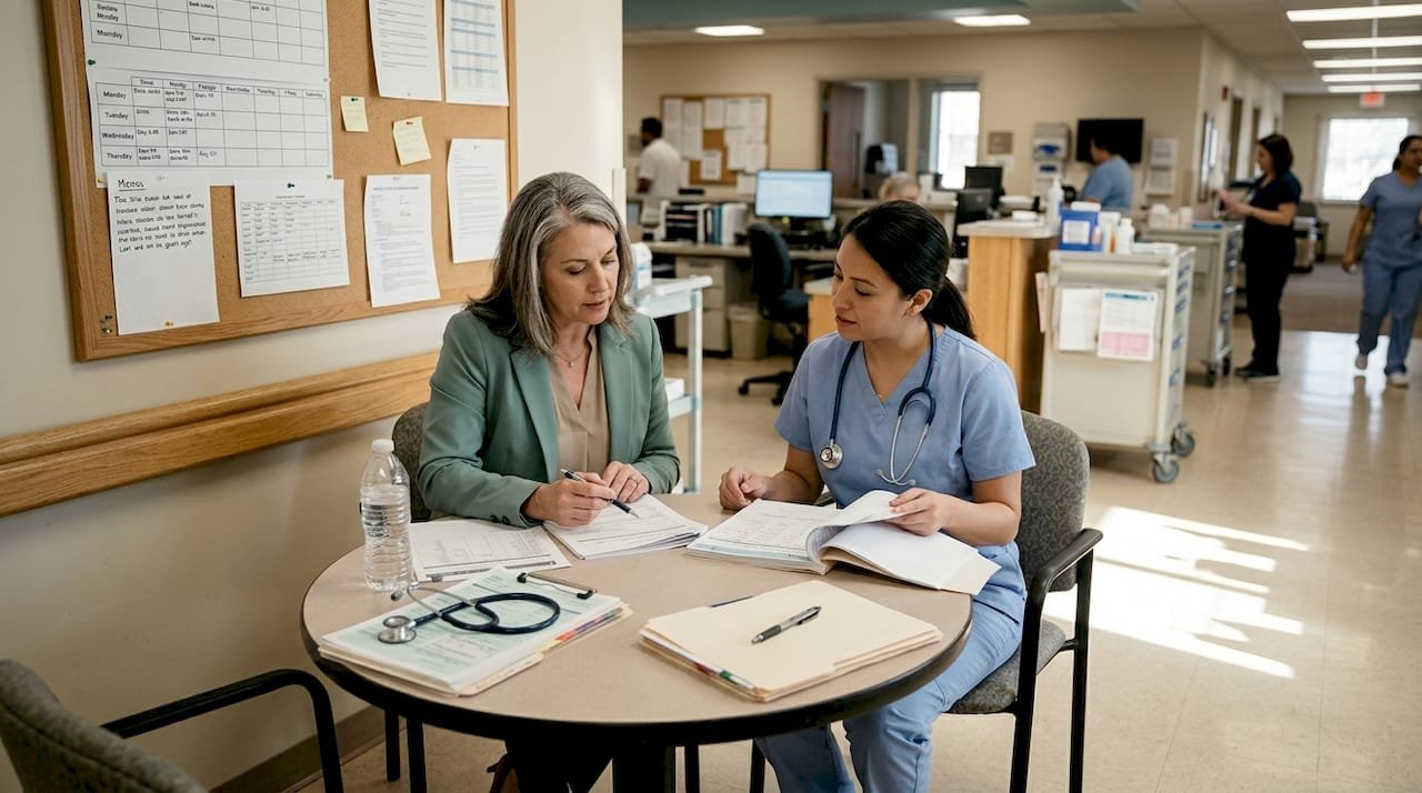 Admissions coordinator and nurse reviewing intake forms