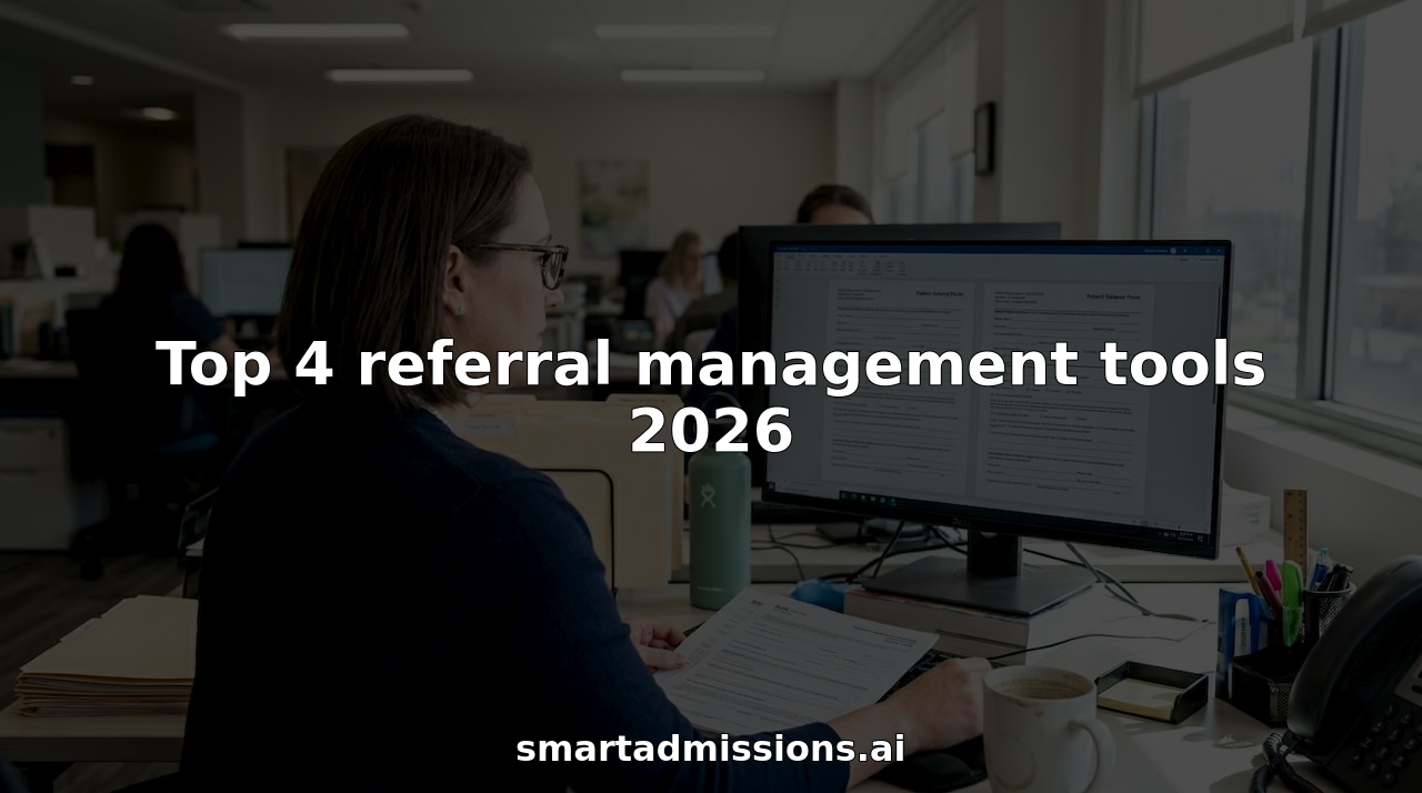 Healthcare administrator reviewing digital referrals on clinic office desk