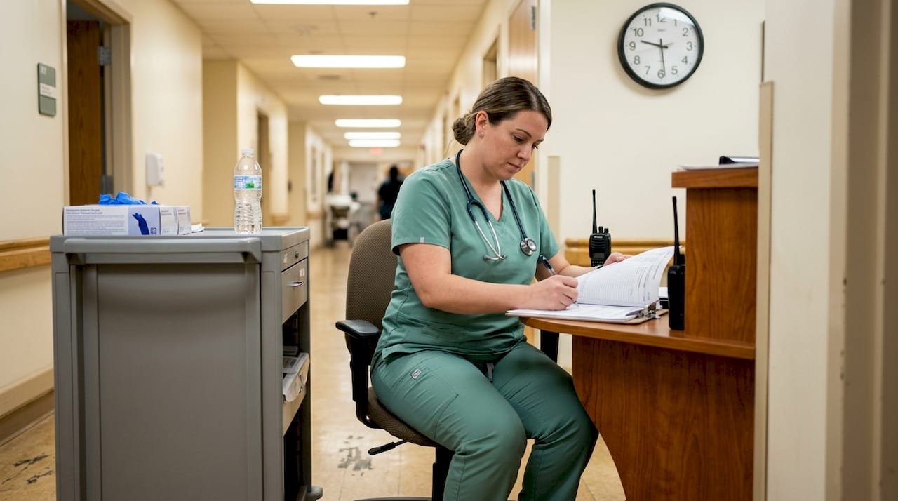 Nurse updating clinical documentation at desk