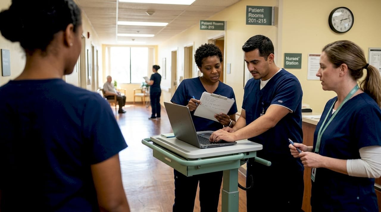 Nursing team reviews patient charts in hallway