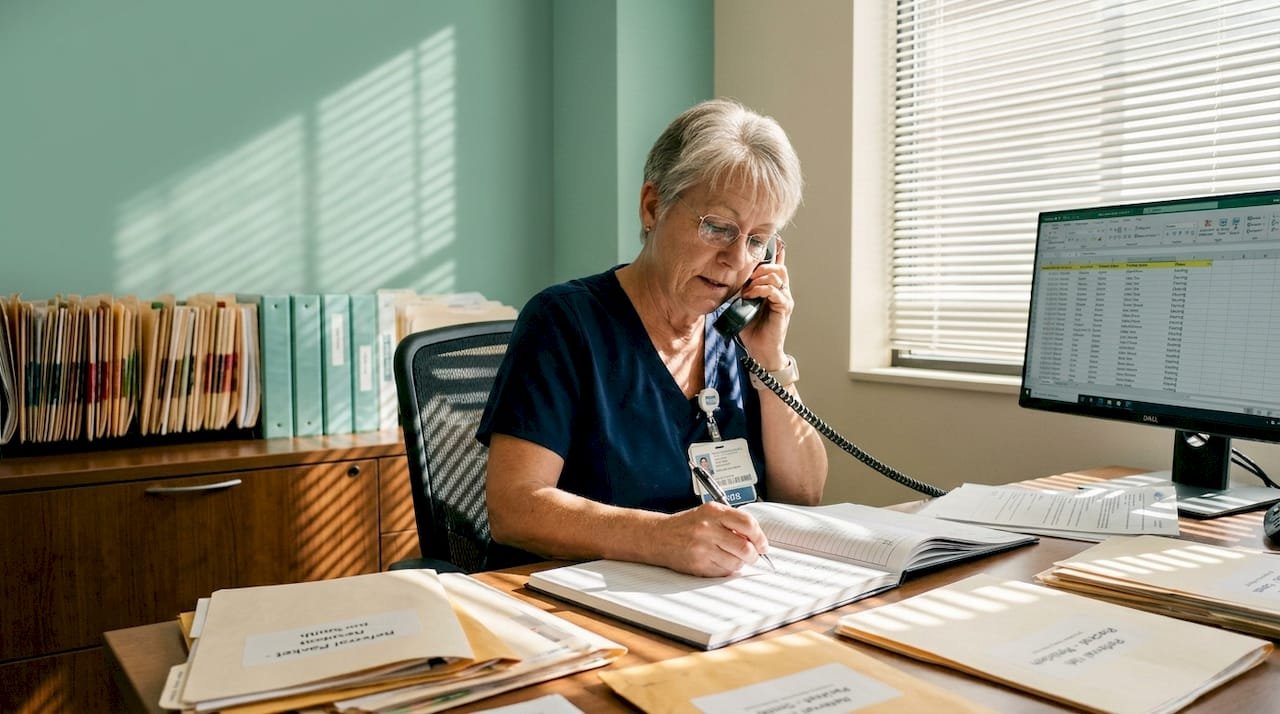 Admissions coordinator reviewing skilled nursing log files