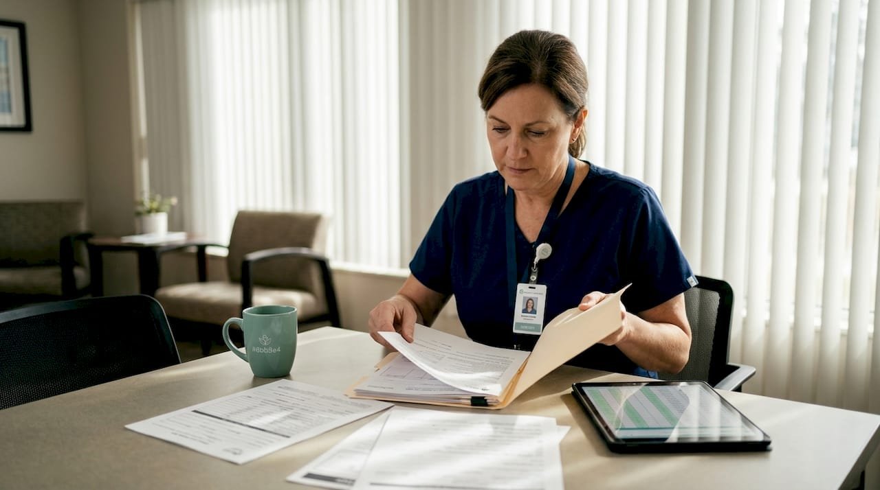 Administrator reviewing patient documents in staff lounge