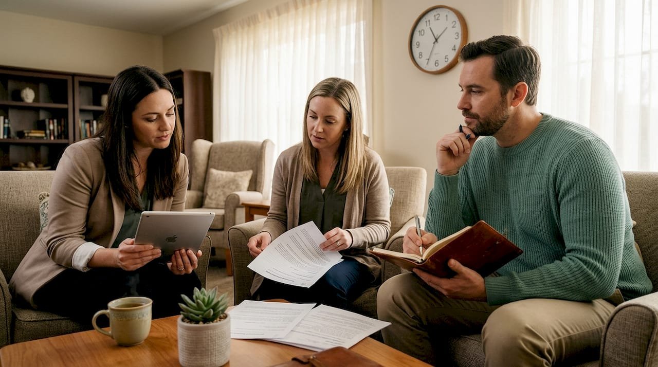 Admissions team collaborating around paperwork and screens