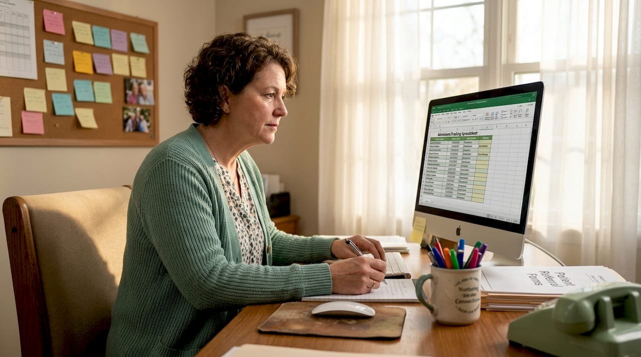 Nursing facility coordinator reviewing patient referrals