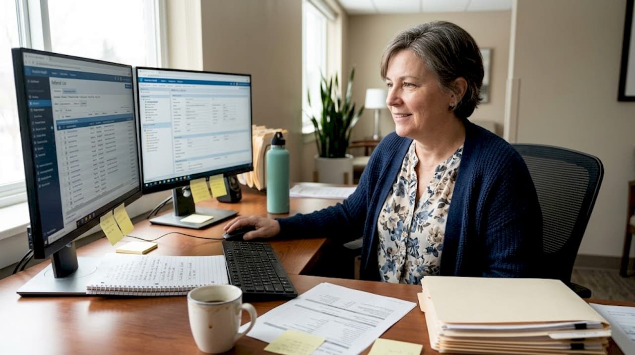 Admissions coordinator reviewing digital referrals