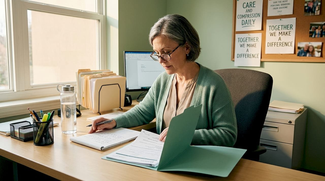 Admissions coordinator reviewing patient intake folder