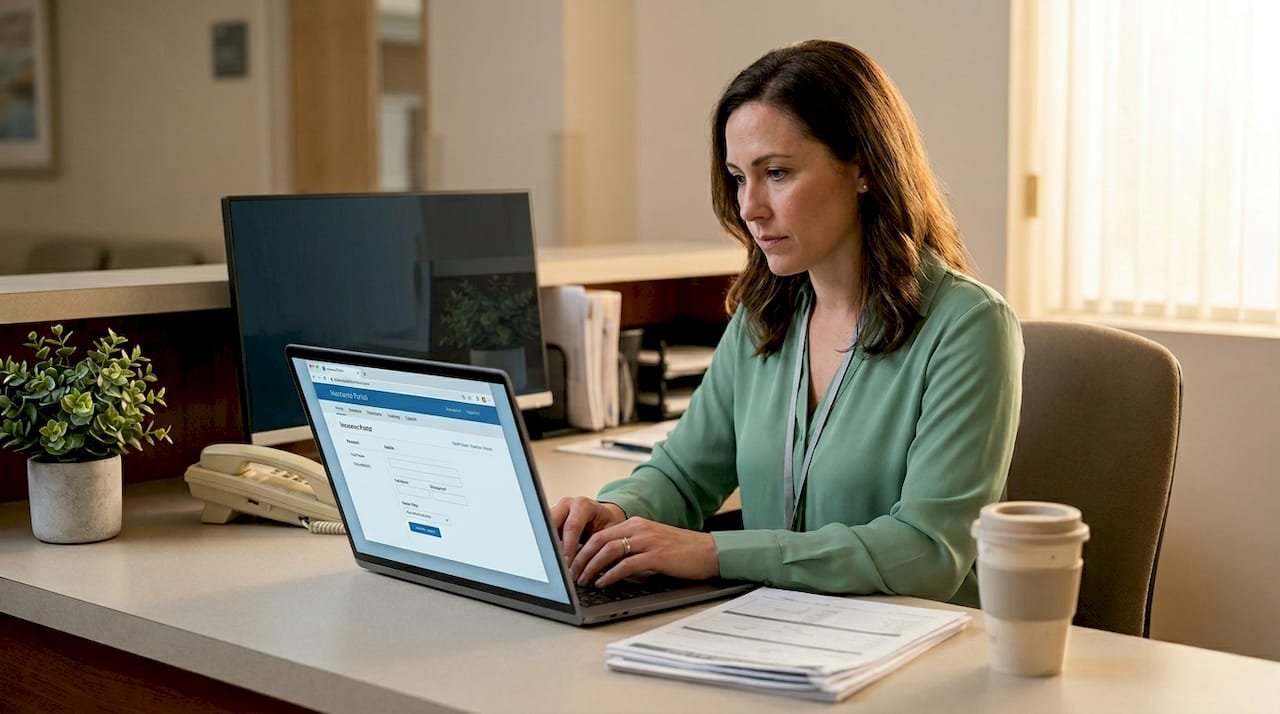 Admissions coordinator using insurance portal at reception desk