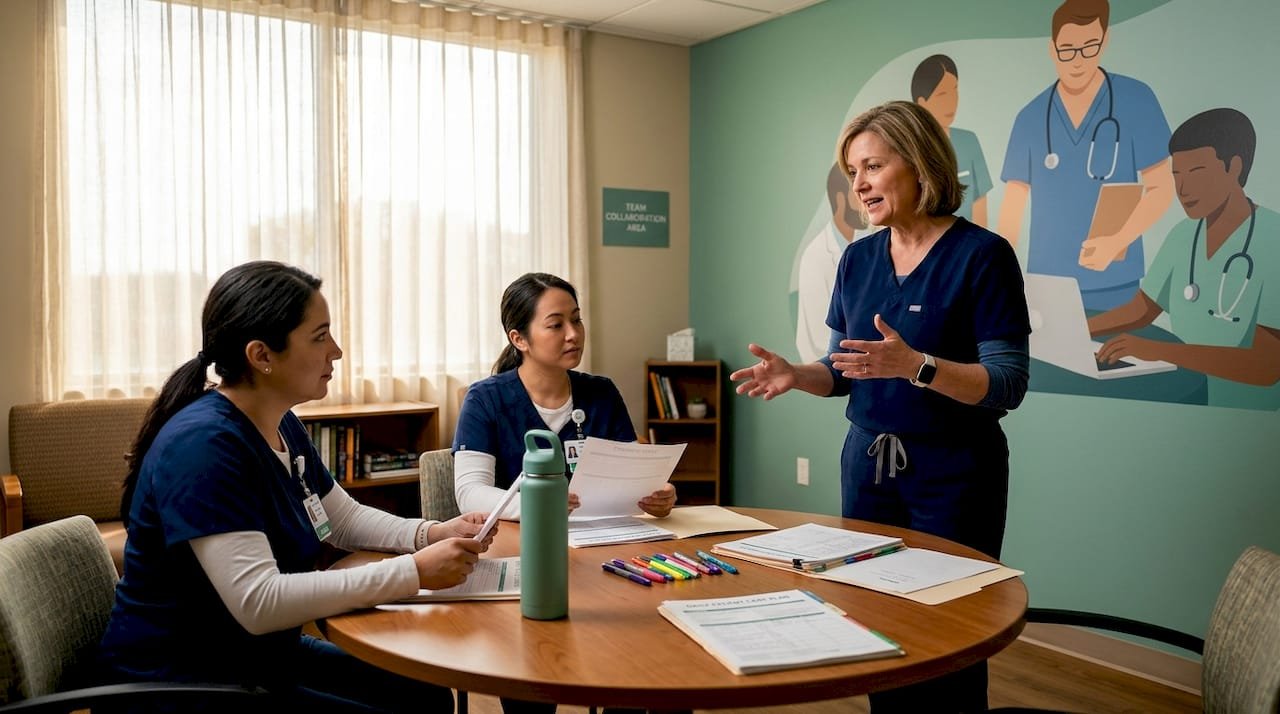 Nursing staff reviewing burnout strategies together
