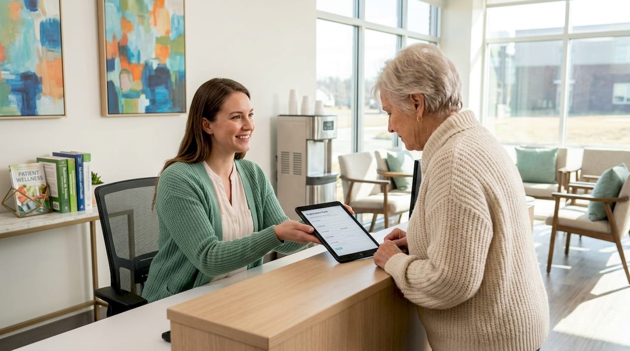 Healthcare admissions desk with patient onboarding
