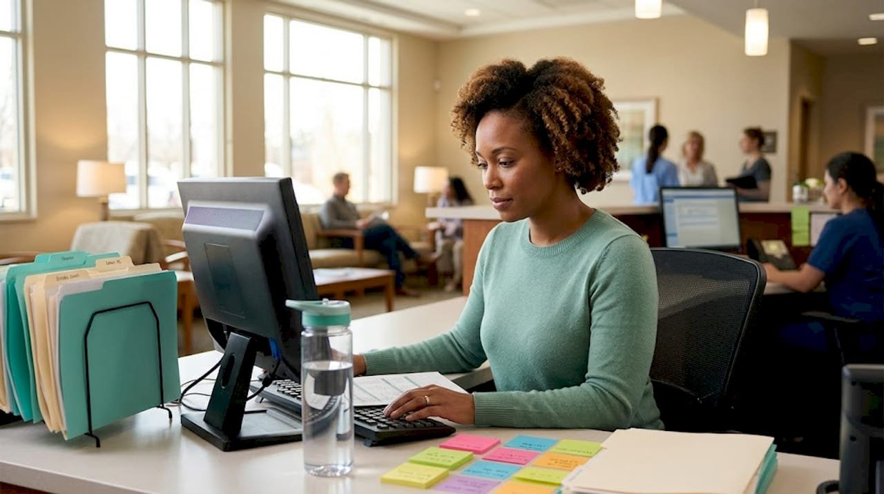 Admissions coordinator entering patient data at desk