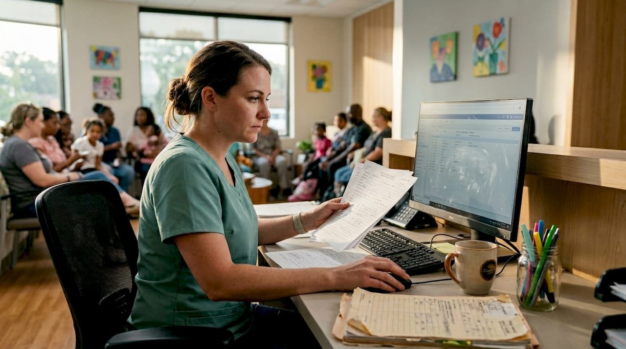Admissions coordinator comparing paper forms and digital records