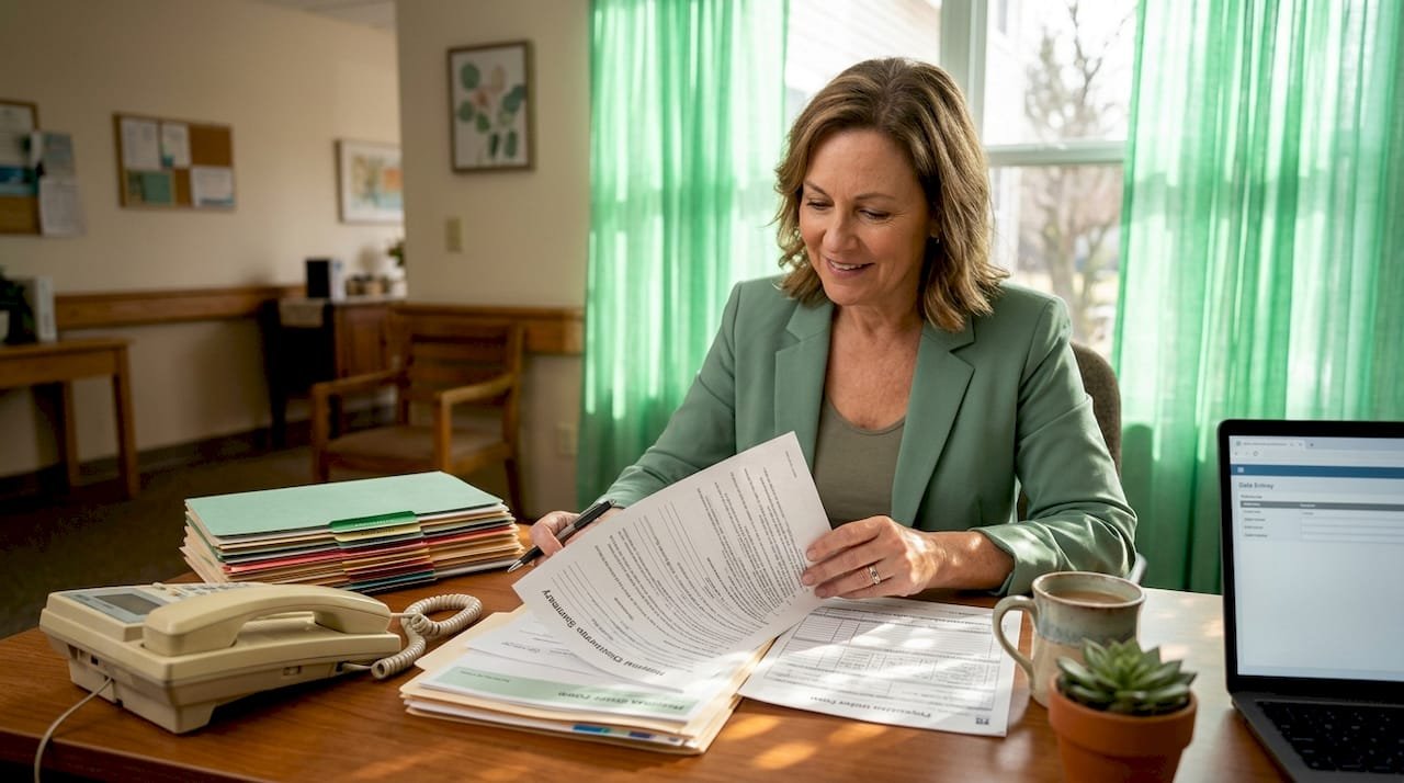 Admissions coordinator checking discharge summary paperwork