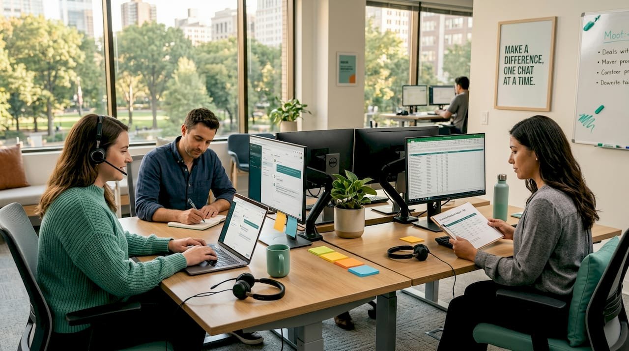 Customer support team collaborating in office