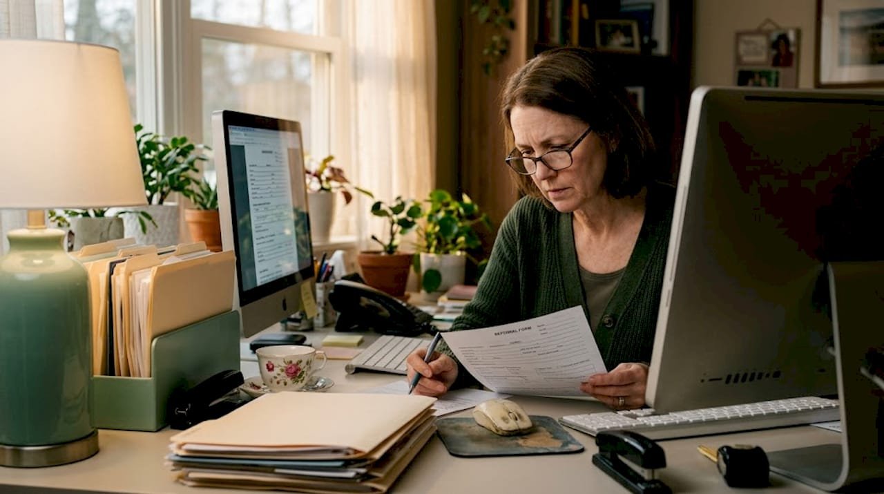 Staff member reviewing referral paperwork at desk