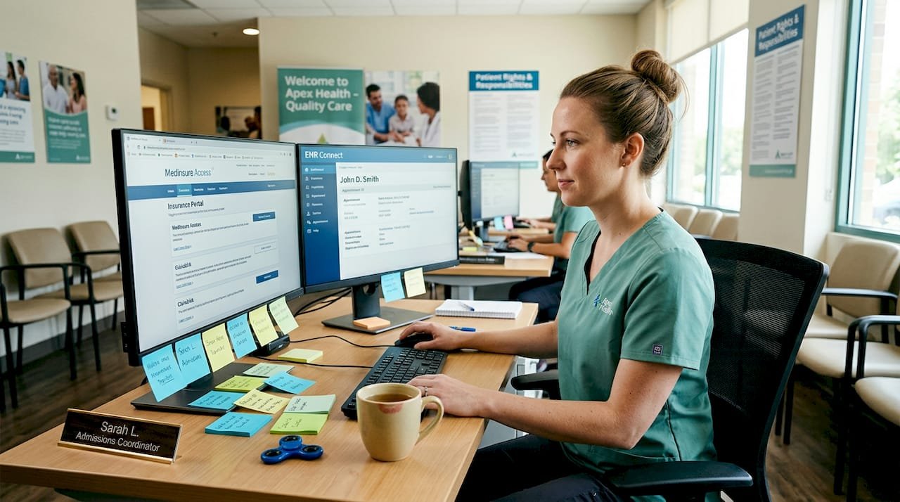 Coordinator using insurance portals at workstation