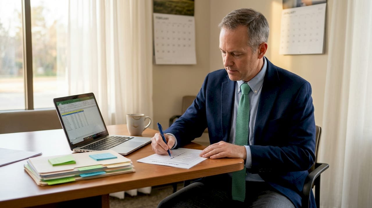 Manager reviewing printed healthcare intake checklist